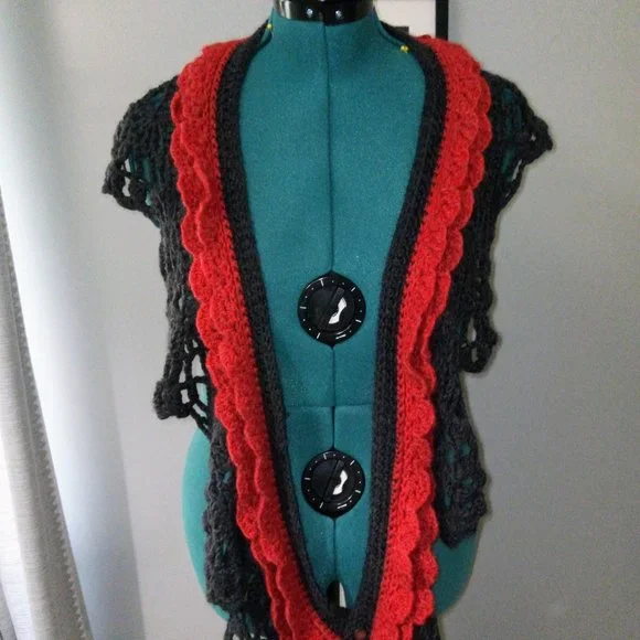 Crochet Multi-Wear Scarf/Wrap/Vest/Accessory in Heathered Red & Gray NEW - Picture 2 of 10